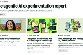 Webpage showing an article titled “The agentic AI experimentation report” with three feature cards and illustration thumbnails.
