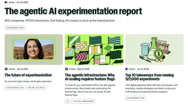 Webpage showing an article titled “The agentic AI experimentation report” with three feature cards and illustration thumbnails.