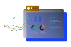 Illustration av dynamiska webbanalysverktyg med linjediagram och cirkeldiagram på mörkblå bakgrund, symboliserande SEO och dataanalys.