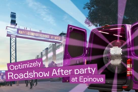 Illustration in pink, a car and Optimizely After party at Epinova in text