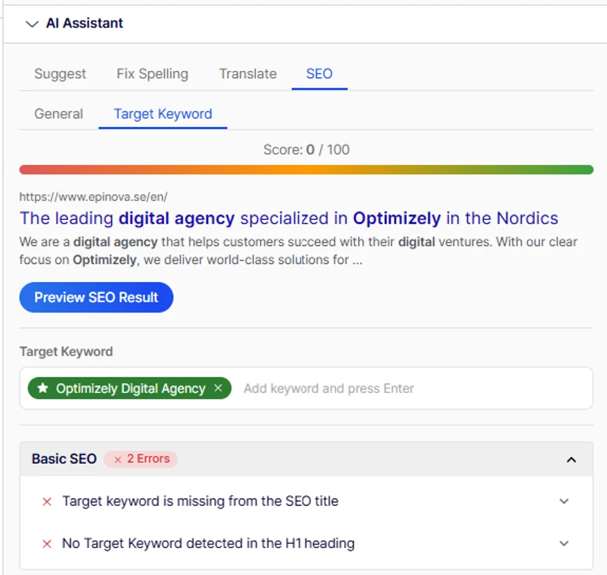 SEO assistant interface showing a target keyword and basic SEO errors for a digital agency webpage.