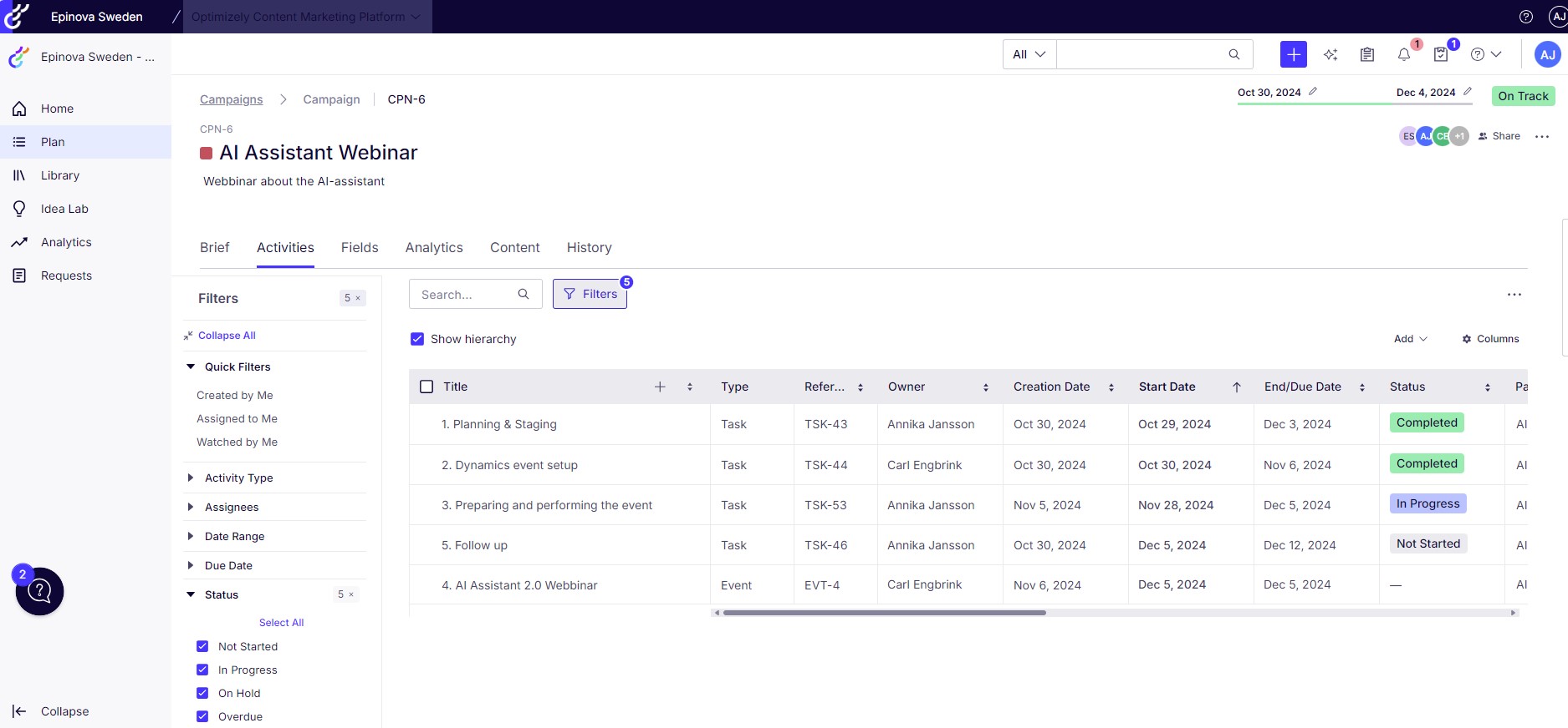screenshot of Optimizely CMP campaign steps