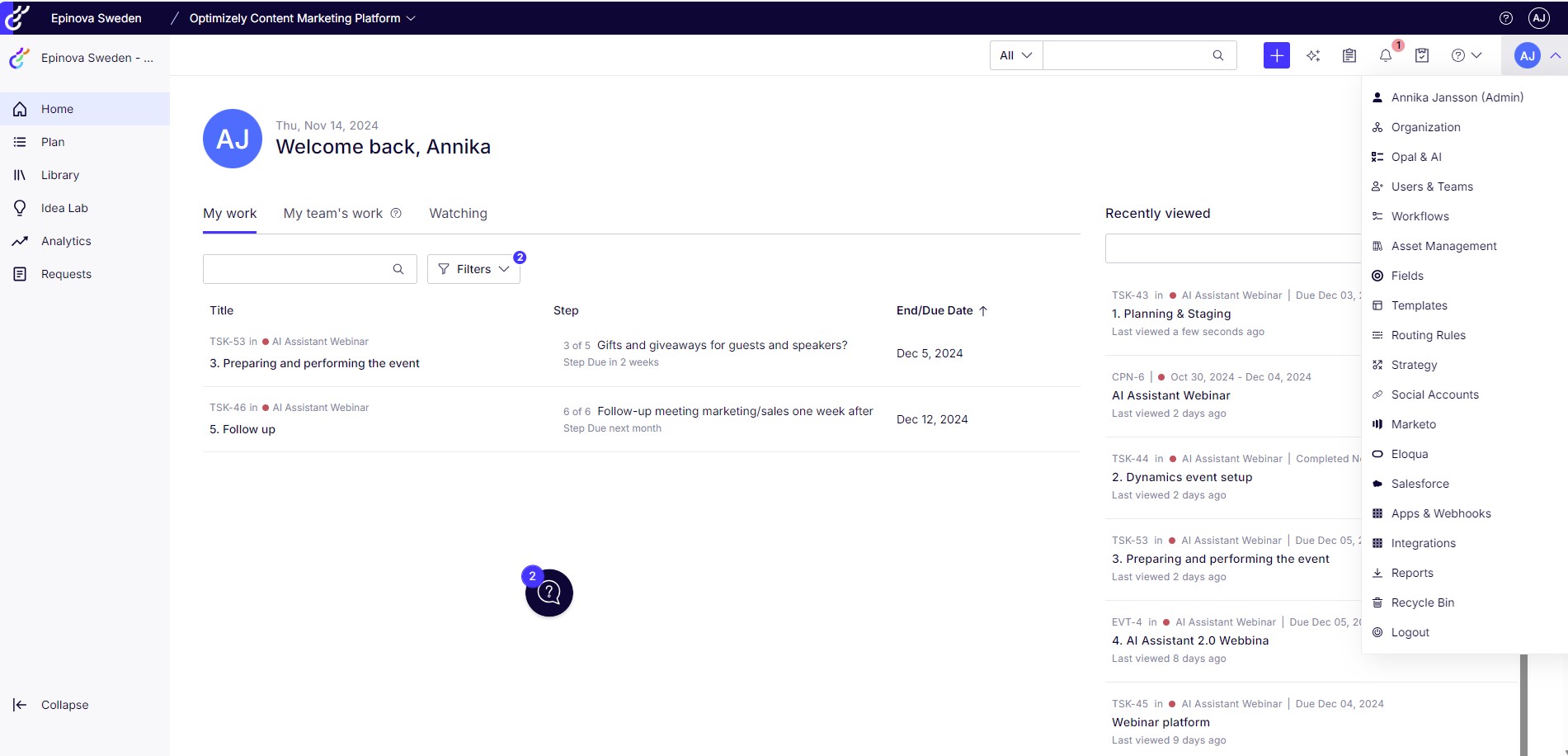 screenshot of Optimizely CMP home view