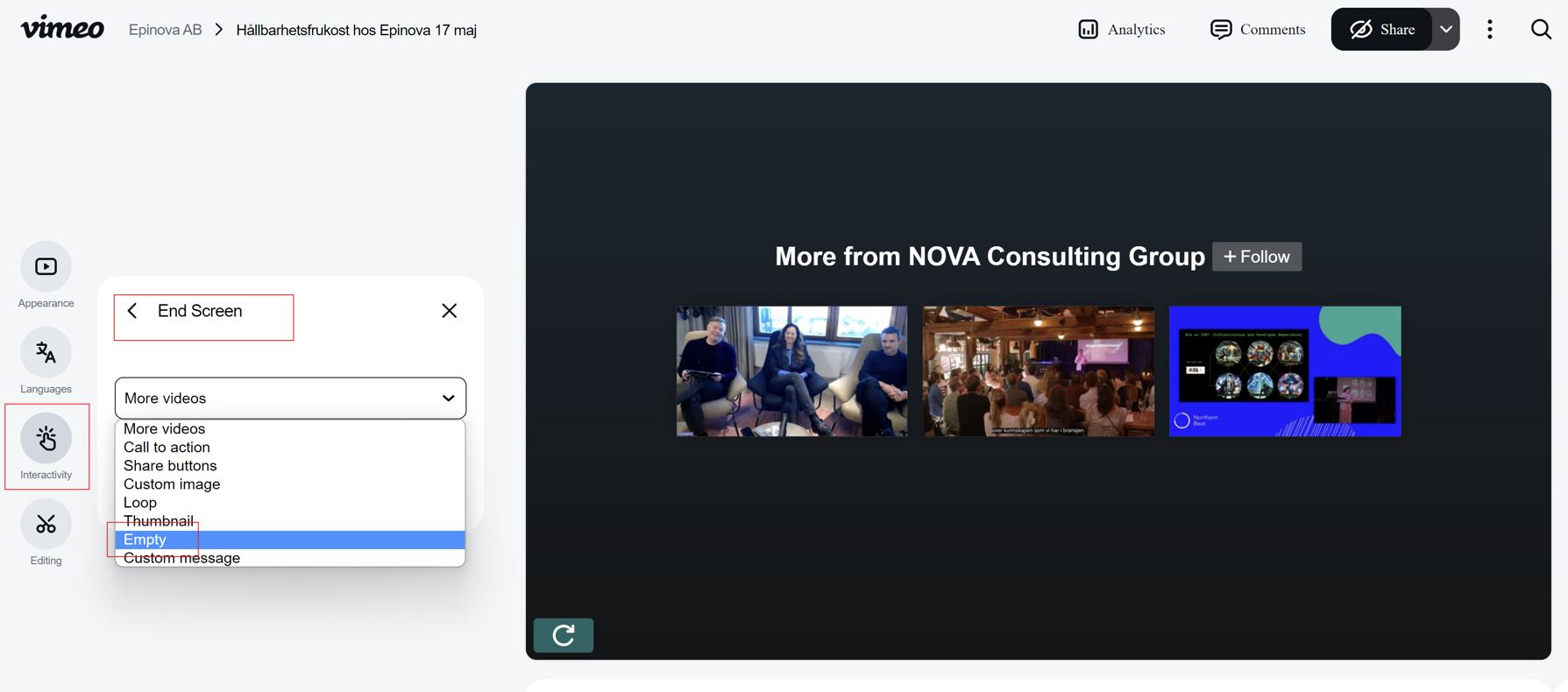 Screenshot of vimeo settings