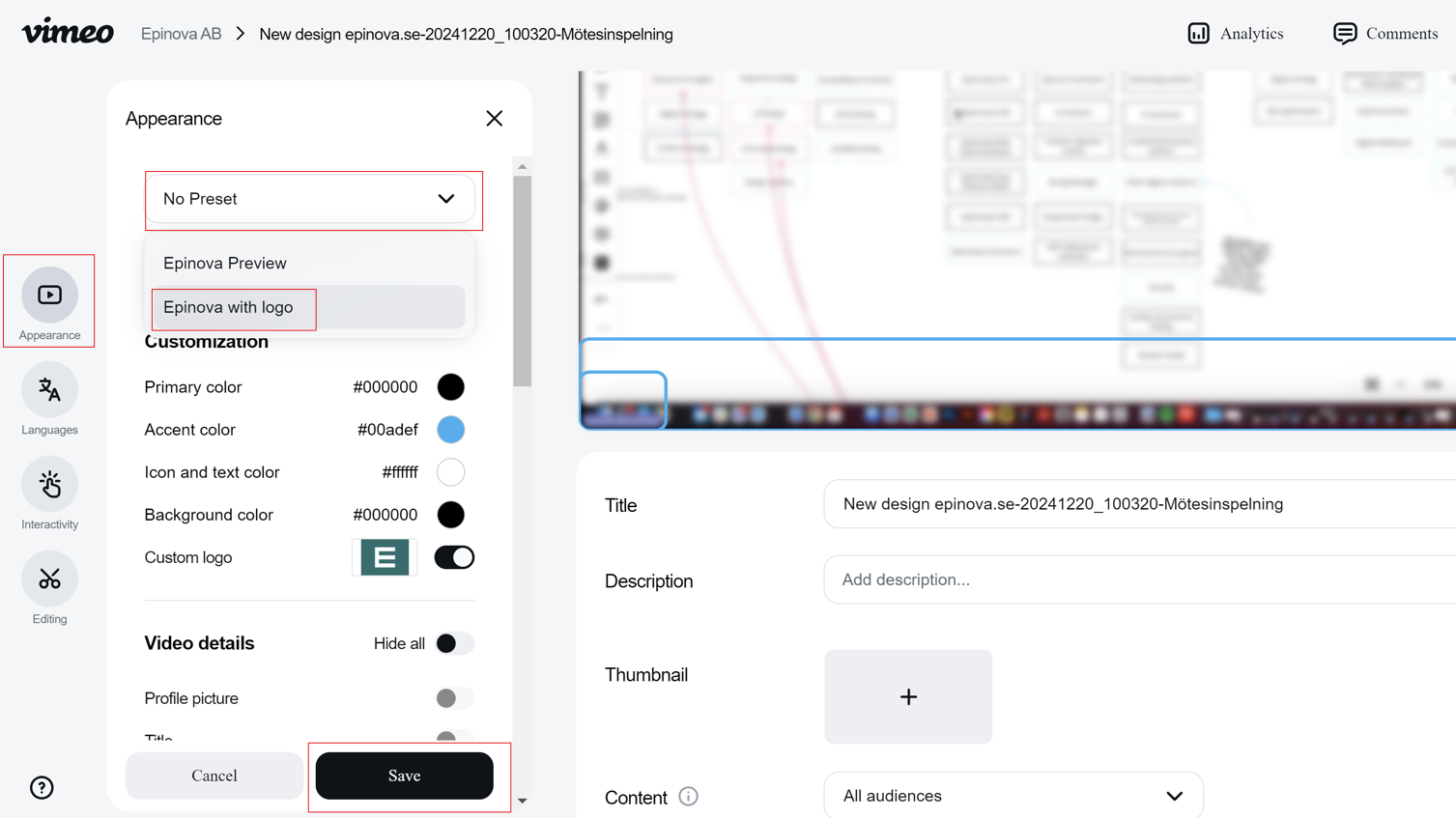 Screenshot of vimeo settings