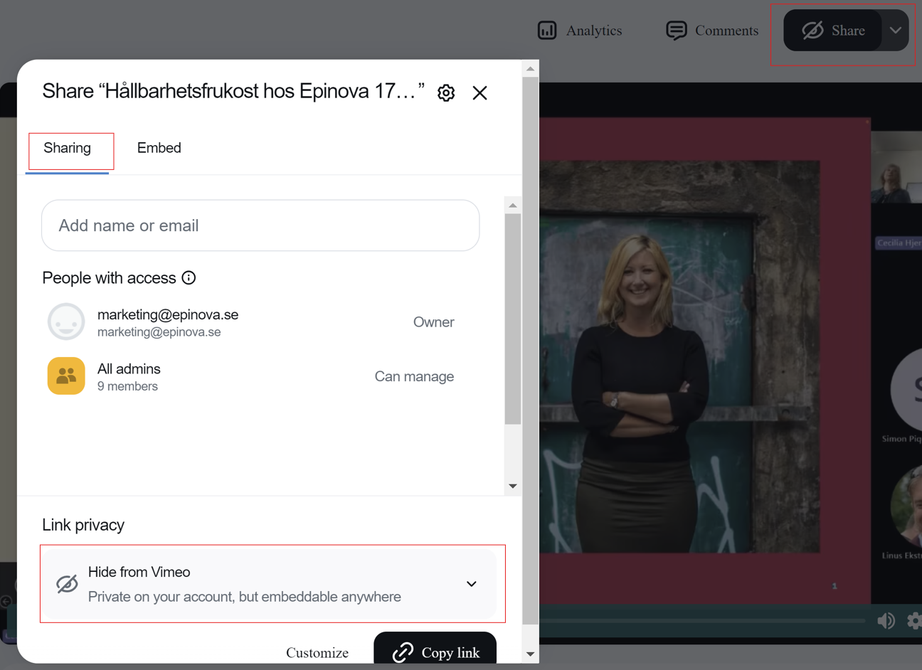 screenshot of making vimeo video private
