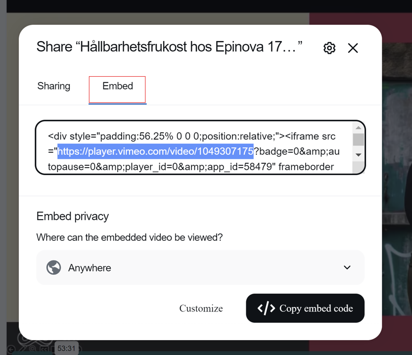 Screenshot of vimeo url