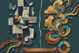 Skateboard illustration with a split composition: left side features abstract geometric and newspaper collage; right side depicts colorful swirling designs