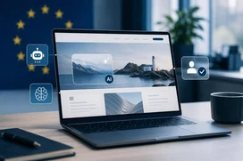 Laptop with AI interface on desktop, with digital icons for automation and user identity. EU flag in the background and coffee cup next to it.