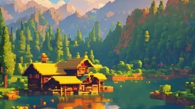 Image with a house by riverside in alp landscape