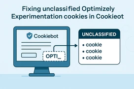 Illustration of Cookiebot and unclassified Optimizely experimentation cookies, showing a browser screen and cookie category list.
