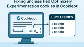 Illustration of Cookiebot and unclassified Optimizely experimentation cookies, showing a browser screen and cookie category list.