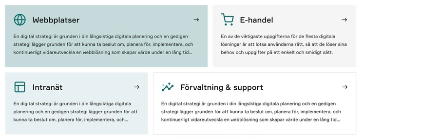Webbplats med fyra sektioner: 