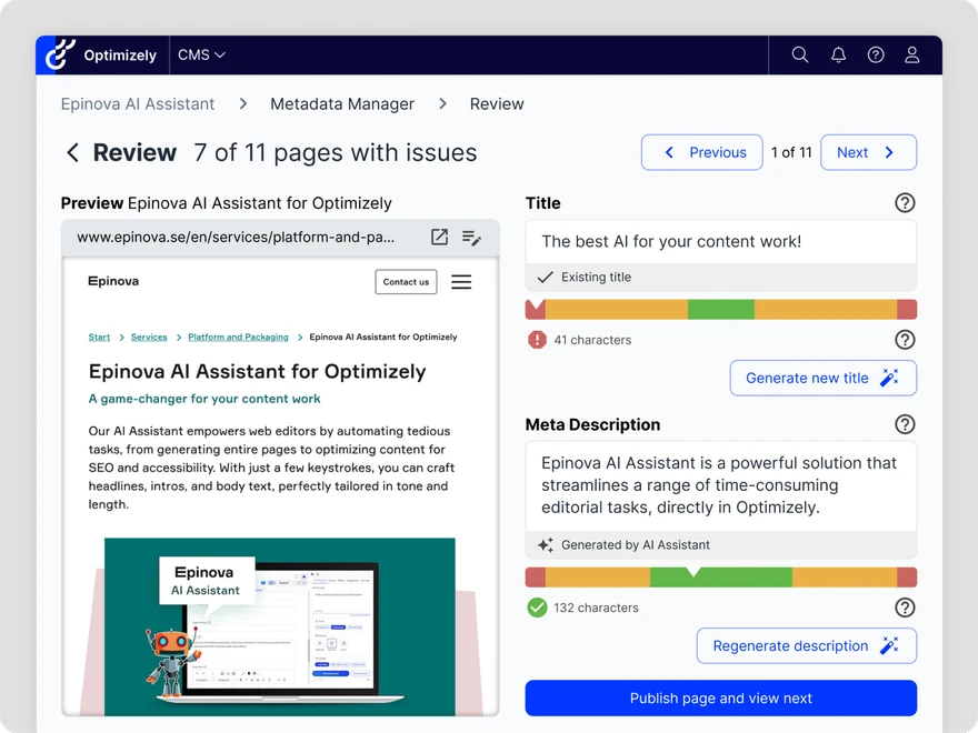 Optimizely CMS metadata manager review screen showing AI-generated title and meta description for Epinova AI Assistant pages.