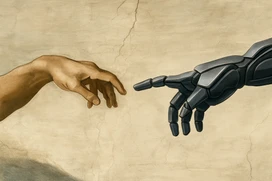 En människohands pekfinger möter en robothands pekfinger