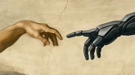 En människohands pekfinger möter en robothands pekfinger