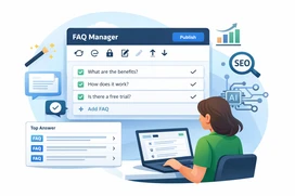 Illustration av en kvinna som använder en laptop bredvid en FAQ-hanterarpanel med publicera-knapp, FAQ-lista, SEO-sökikon, AI-kretsgrafik och analysdiagram.
