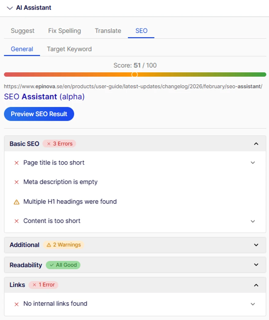 SEO Assistant interface showing a score of 51/100 and SEO issues like short page title, empty meta description, and no internal links.