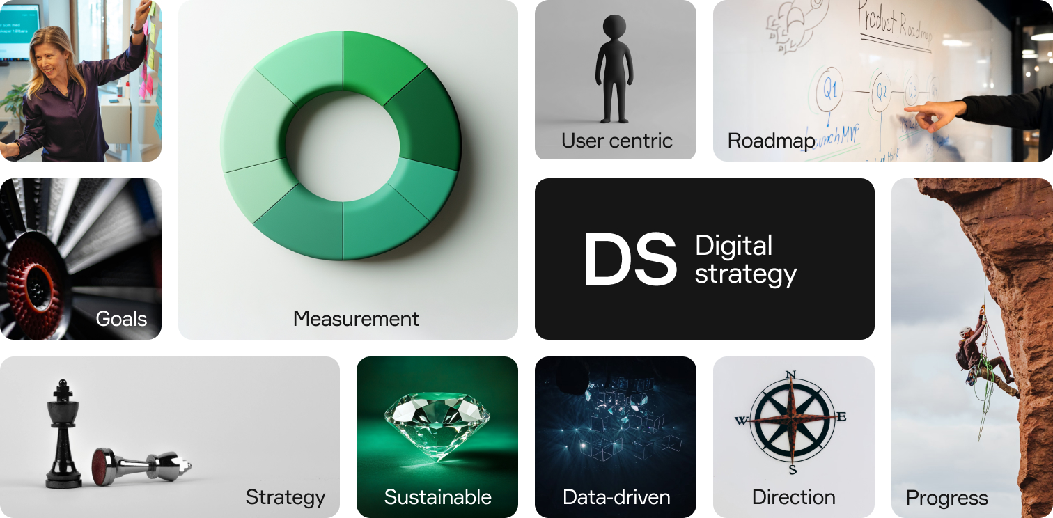pajdiagram, shackpjäser, kompass för att illustrera digital strategi
