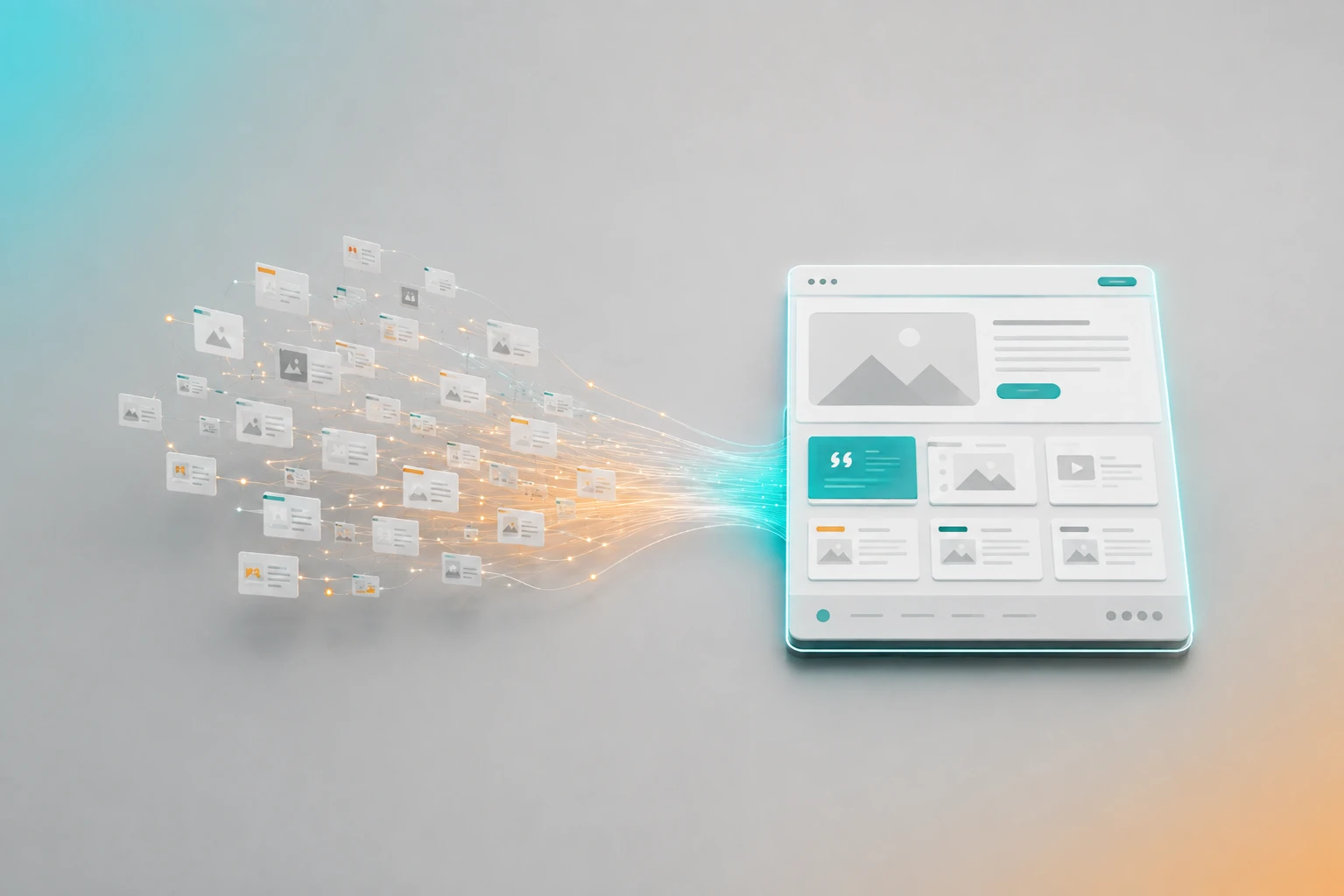 Digital website interface with floating content cards streaming into a modern web page layout, illustrating content management and web design.