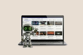 Liten robot framför en laptop med AI-assistent och alt text-granskning på skärmen.