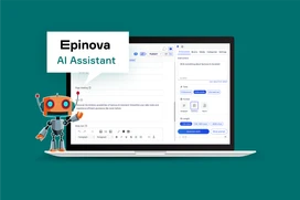 Illustration with a computer screen in editor mode and a small robot next to it