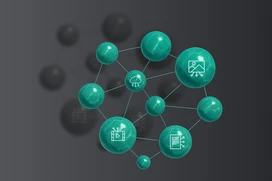 Ett nätverk av gröna sfärer med ikoner som symboliserar data och analys, mot en grå bakgrund