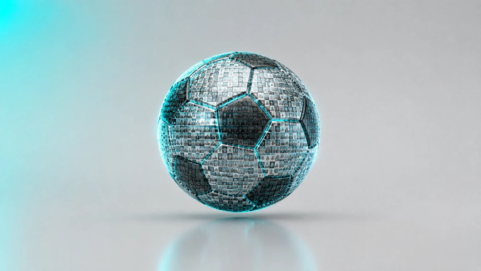Digital fotboll gjord av fotomosaikplattor som svävar på grå bakgrund med blå lysande accenter