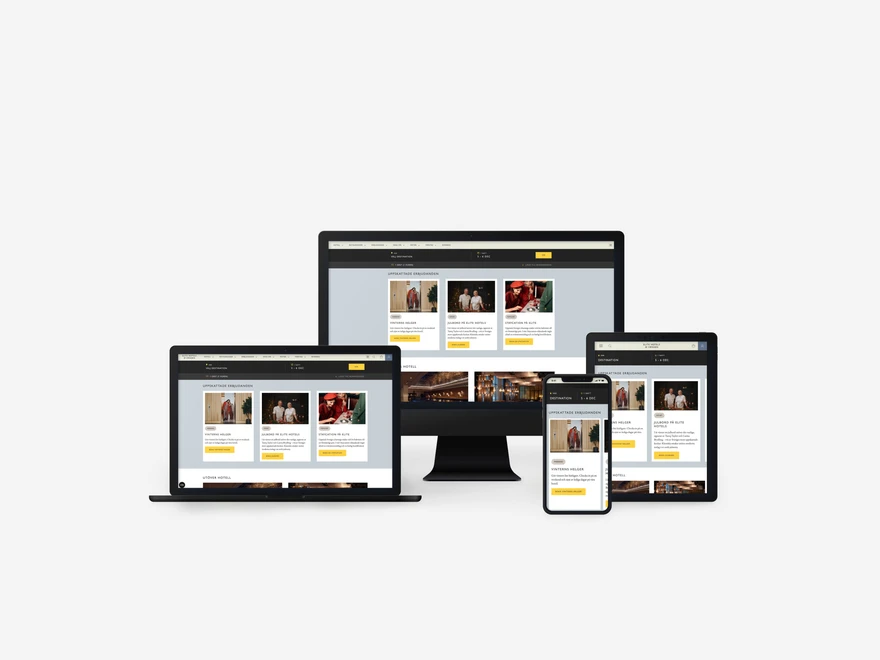Responsiv webbdesign visas på olika enheter, inklusive stationär, laptop, surfplatta och smartphone, vilket visar ett konsekvent användargränssnitt.