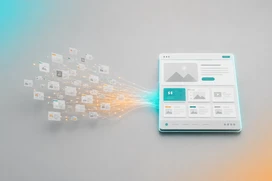 Digital website interface with floating content cards streaming into a modern web page layout, illustrating content management and web design.
