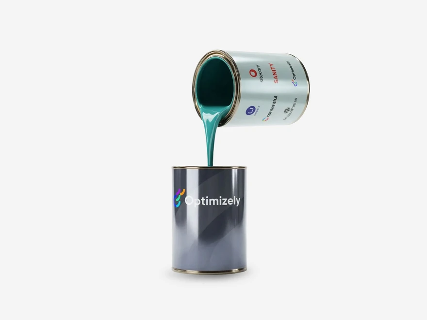 Färgburk märkt "Optimizely" fylldes med tealfärgad färg från en märkt burk med olika företagslogotyper.