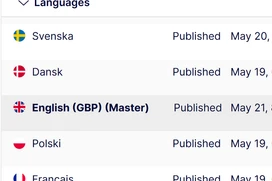 List of languages with their respective publication statuses and dates, including Svenska, Dansk, English (GBP) Master, Polski, and Français