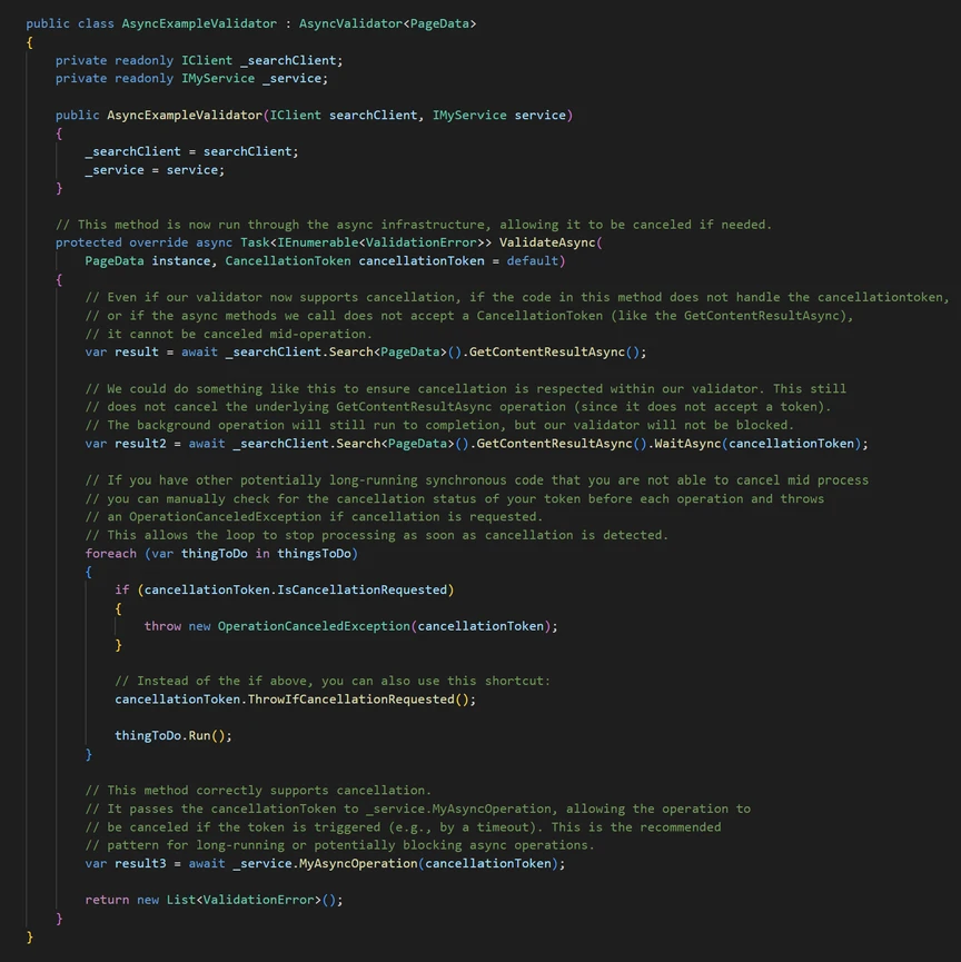 Screenshot of C# code showing an implementation of an asynchronous validation mechanism using a cancellation token within a method from an `AsyncValidator` class
