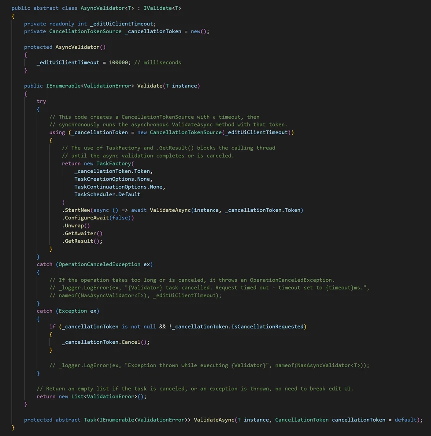 Code snippet showcasing an `AsyncValidator` class implementation in C#, with methods designed to handle validation tasks asynchronously, including cancellation token management