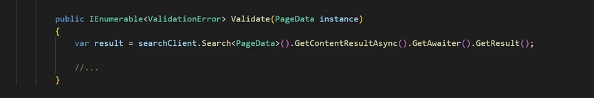 Screenshot of code in a dark-themed editor showing a C# method named 