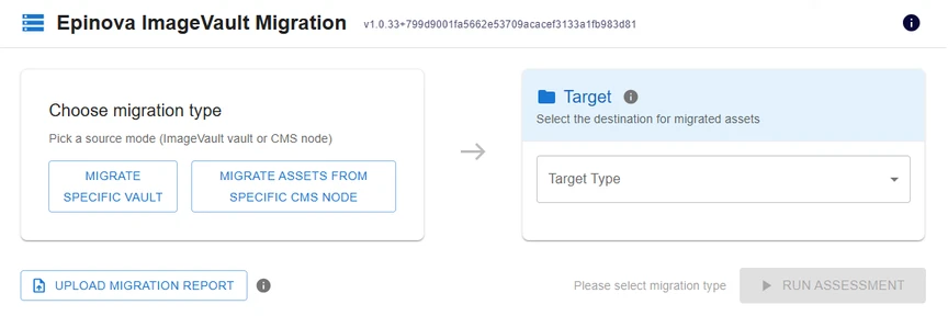 Epinova ImageVault Migration interface with source migration options, target selection dropdown, and upload migration report button
