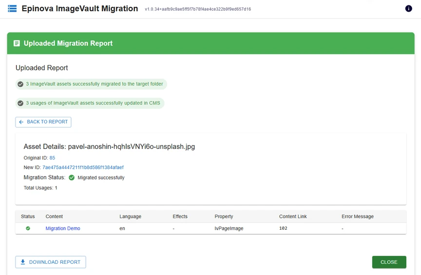 Screenshot of an Epinova ImageVault Migration report showing uploaded assets migrated successfully and CMS usages updated