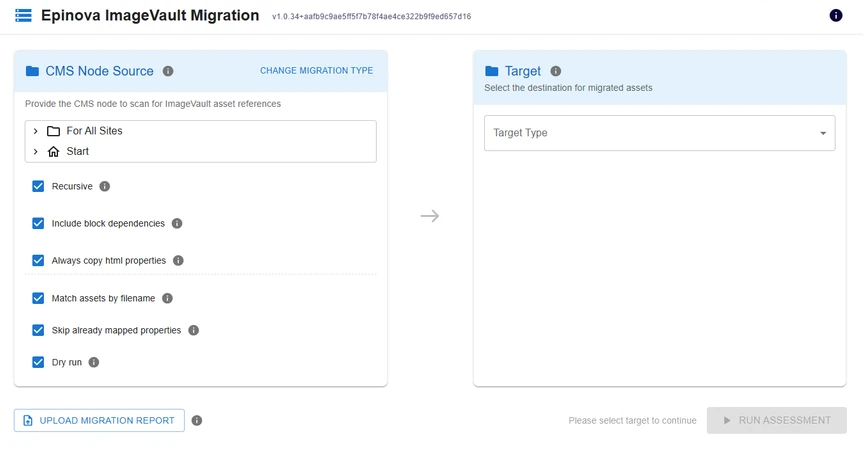 Epinova ImageVault Migration web app interface with CMS node source and target selection panels, checkboxes, and run assessment button