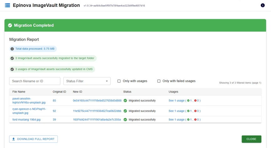 Screenshot of the Epinova ImageVault Migration report showing migration completed, with three assets successfully migrated and updated in CMS